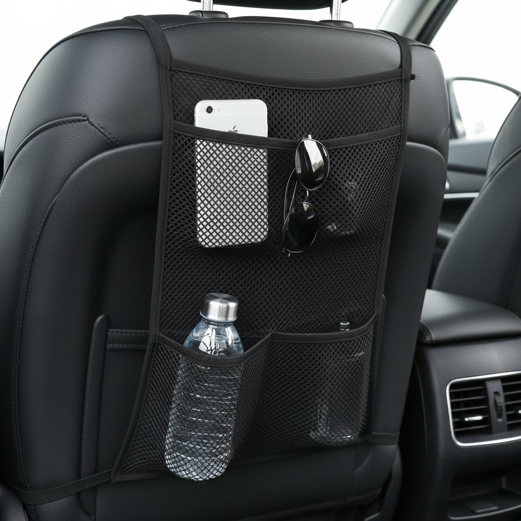 Car seat back elastic mesh organizer net with items stored inside