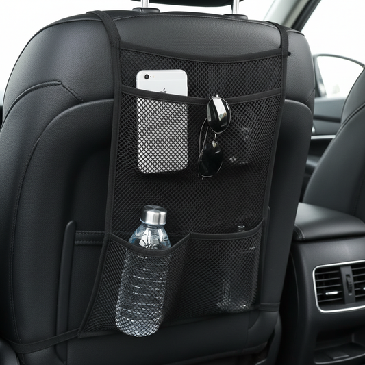 Car seat back elastic mesh organizer net with items stored inside